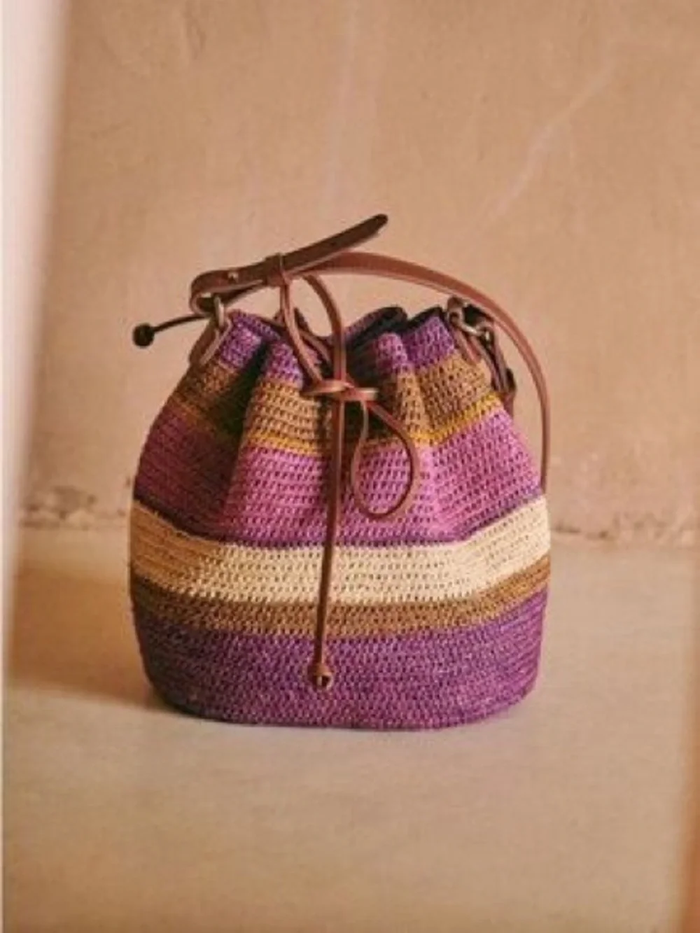 Sezane Farrow Bucket Bag Woven Shoulder Purse Raffia Leather Purple Violet Rare